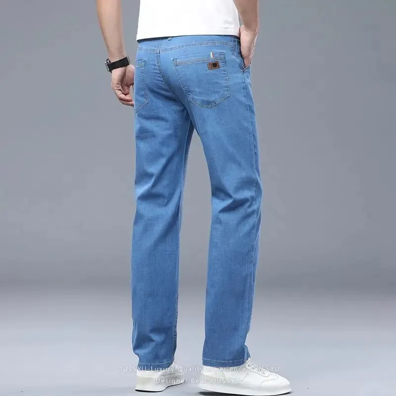 Summer Thin Men's Elastic Cotton Jeans Fashion Business Straight Casual Denim Pants Male Work Clothes Slim Trousers Plus Size 40