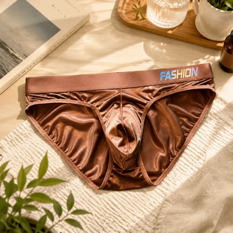 Underwear Men's Triangle Panties Low Waist Ultra Smooth Satin Silky Briefs Lingerie Gradient Letter Glossy Underpants Large Size