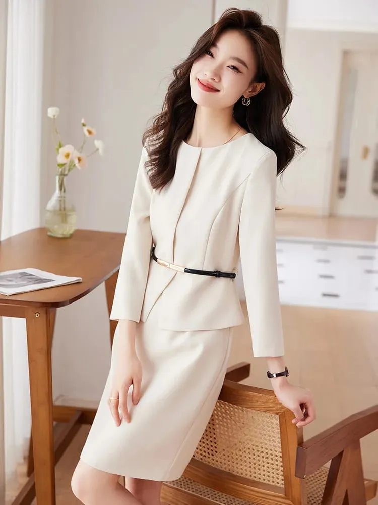 Elegant Spring Autumn Women Dress With Belt New Professional Navy Blue Formal Long Sleeve Slim Temperament Office Ladies Dresses