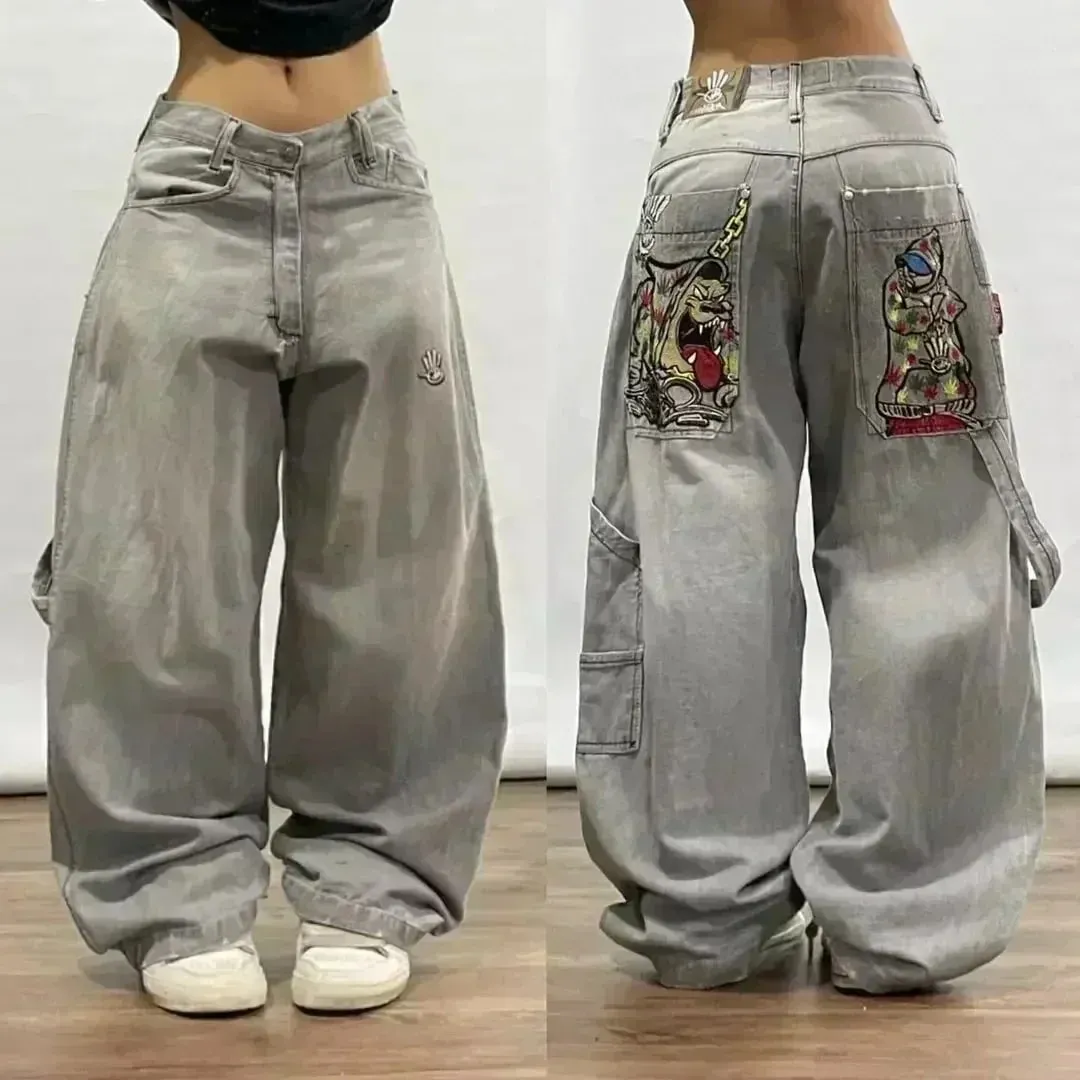 American Y2K Hip Hop Fashion Trend Skull Embroidery Spot Jeans Men Street Loose Straight Wide-leg Pants Couple Oversized Jeans