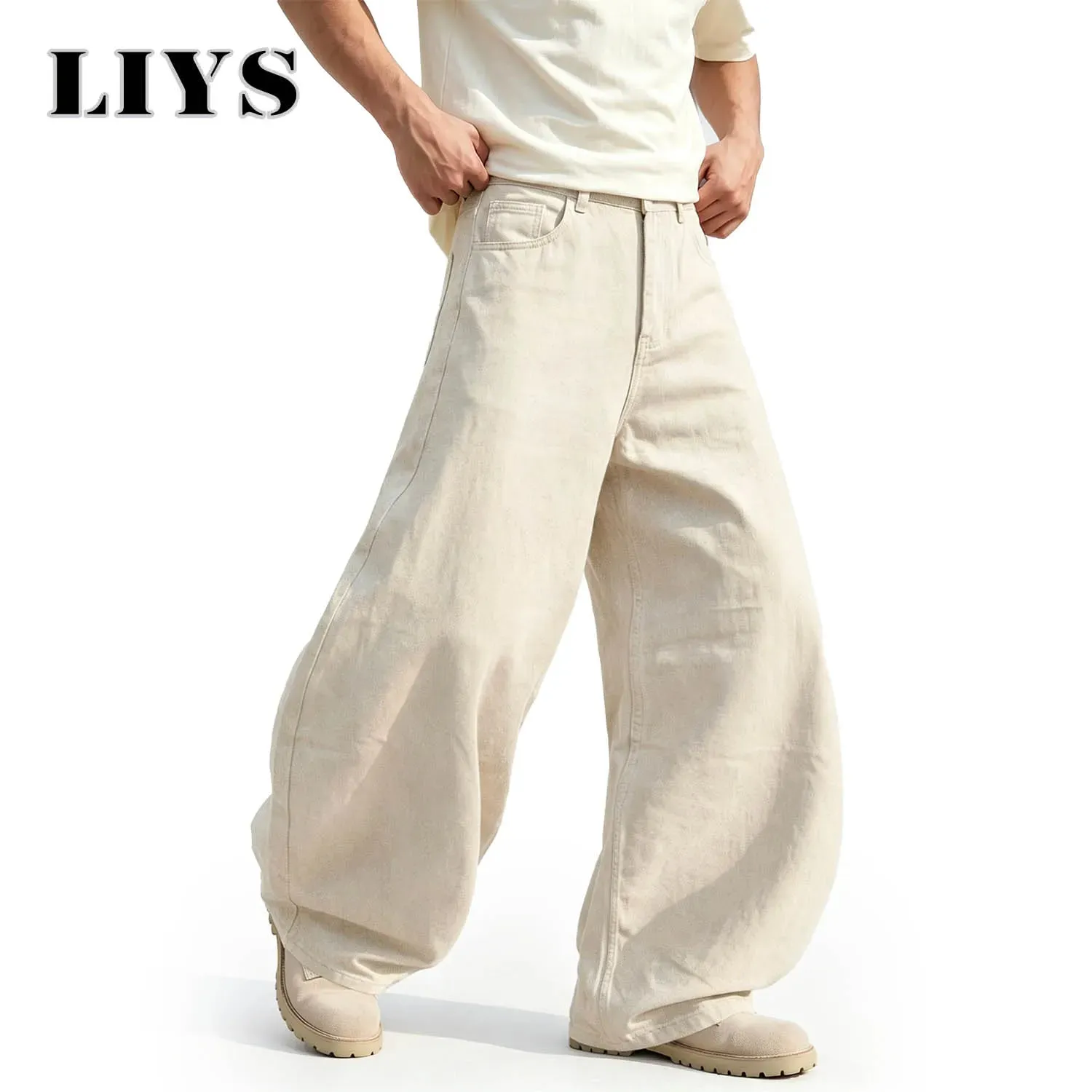 Men's American Beige Loose Wide Leg Jeans High Waisted Streetwear Hip-Hop Fashion Loose Denim Pants Y2K Retro Casual Pants