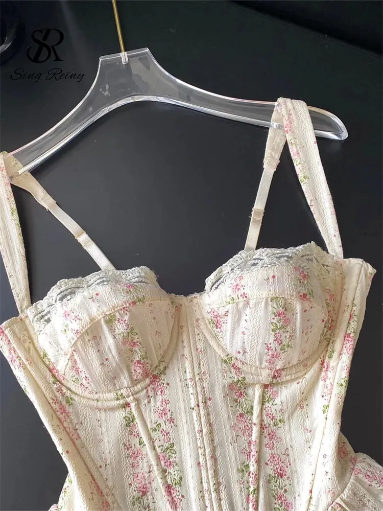 Elegant Lace Floral Bustier Women French Lace Up Splice Casual Daily Bodycon Tank Top Summer Print Vacation Corset Top