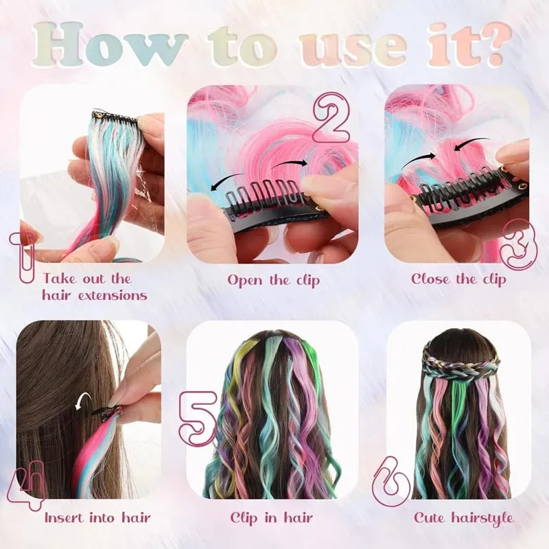 2pcs 16 Inch Colorful Hair Extensions Synthetic Ombre Wavy Clip in Hair Extensions Lightweight Hairpieces for Women Party Wear