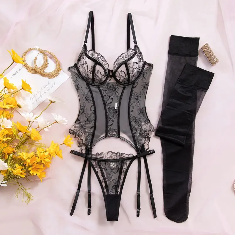 Sexy hot Lingеrie Women's Lingerie Sets Elegant Miss Corset Thong 2PC with Stockings Slim Floral Fishbone Ruffled Intimate Kit