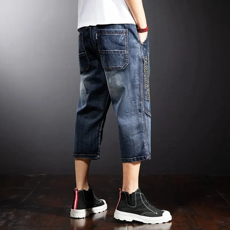 American Summer Men's Loose Denim Cropped Pants Fashionable Street Hip-hop Skateboard Workwear Ripped Jeans Plus Size Pants