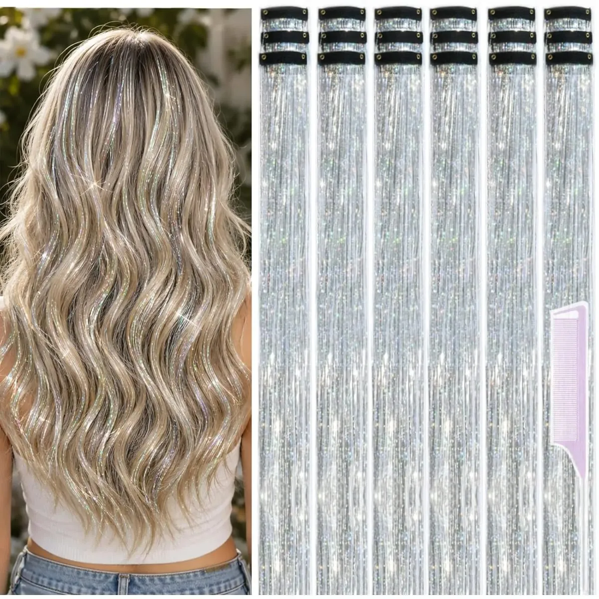 Balení 18 ks Nápadné doplňky do vlasů Rainbow Hair Tinsel Clip in Balíček 22palcových třpytivých pohádkových vlasů pro ženy, dívky