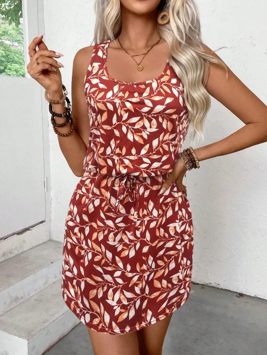 Women's Spring/Summer Fashion Leaf Casual Print Sleeveless Dress
