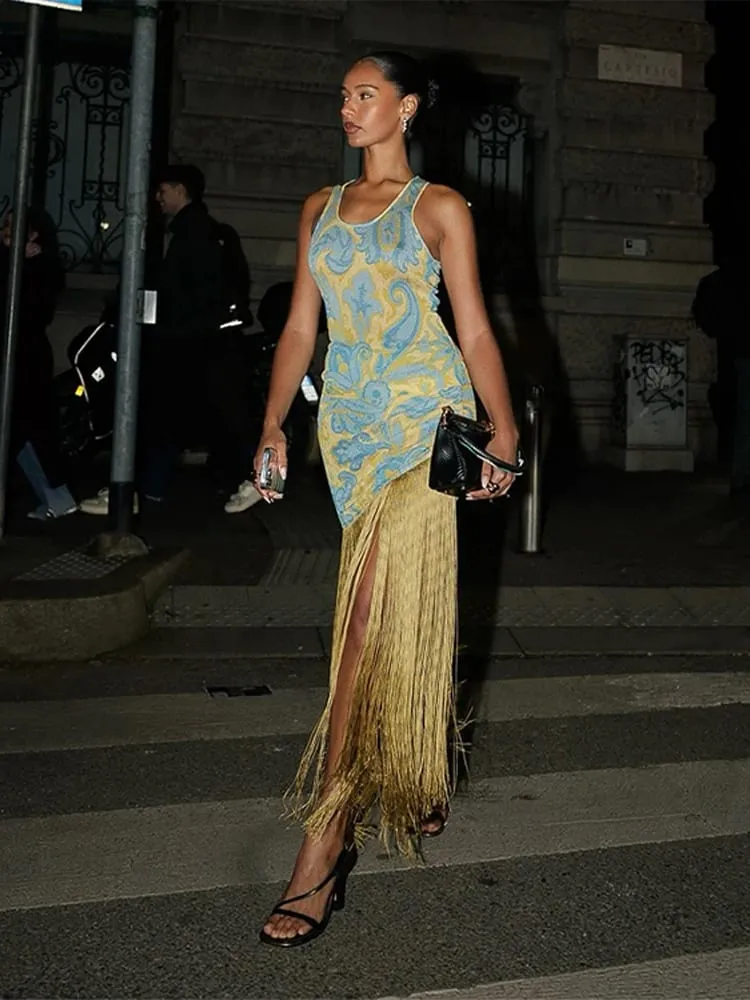 แฟชั่นTasselsพิมพ์ชุดยาวผู้หญิงO-คอPatchworkไม่สม่ำเสมอSlip Vestidos 2025 ฤดูร้อนหญิงชุดชายหาด