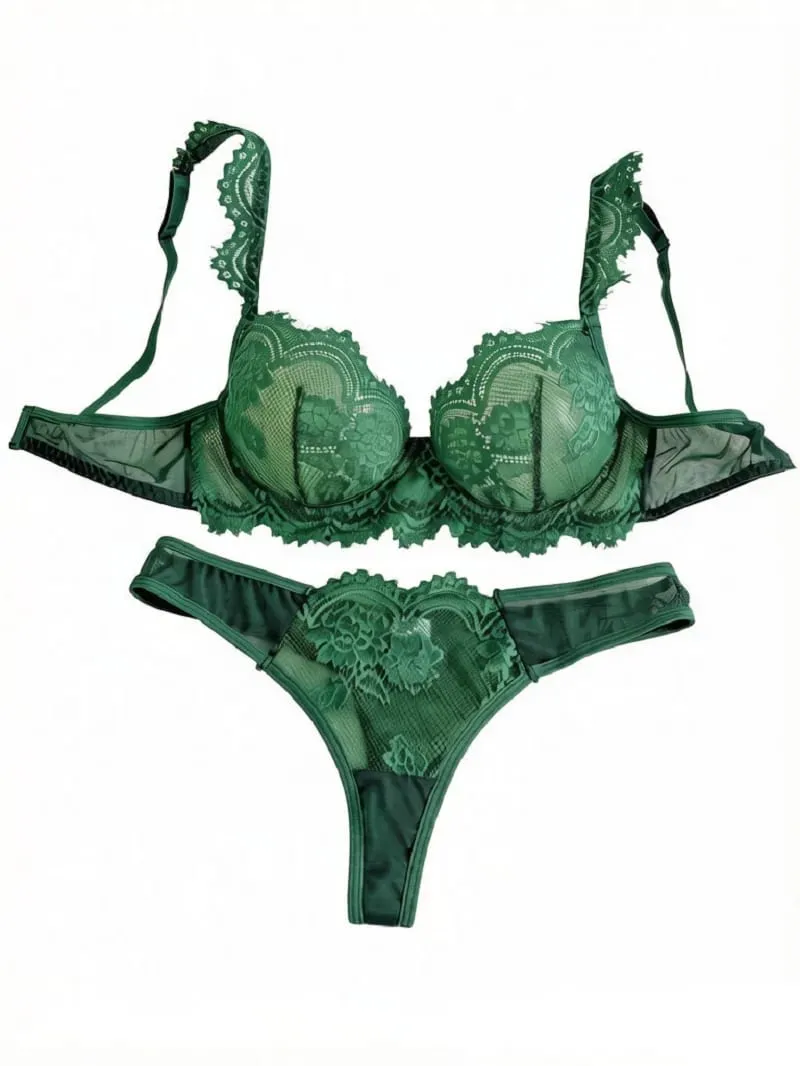 Sexy Vintage Green Eyelash Lace Lingerie Set Ladies Sheer Mesh Underwire Bra Thong Nightwear 2‑Piece S‑XL