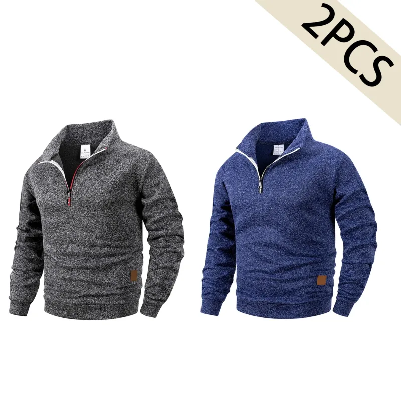 2Pcs Set Men 1/4 Zip Mock Neck Sweatshirt, Fleece Lined Pullover with Ribbed Cuffs Warm Casual Top for Fall Winter Daily Wear