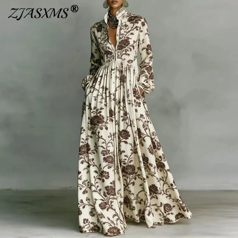 Retro Pattern Print High Waist Pleated Dress Woman Spring Shirt Collar Button Pockets Maxi Dress Long Sleeve Boho Vacation Dress