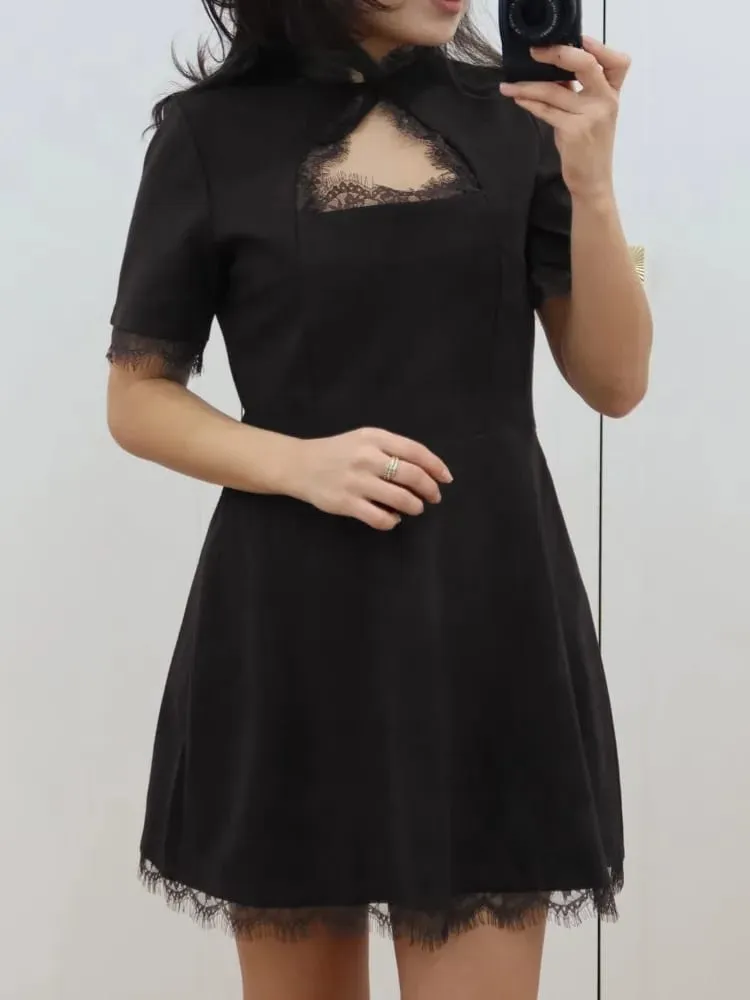 Tossy Black Lace Hollow Out Mini Dress Female Patchwork Short Sleeve Sexy High Waist Party Dress Women's Casual Printed Dress