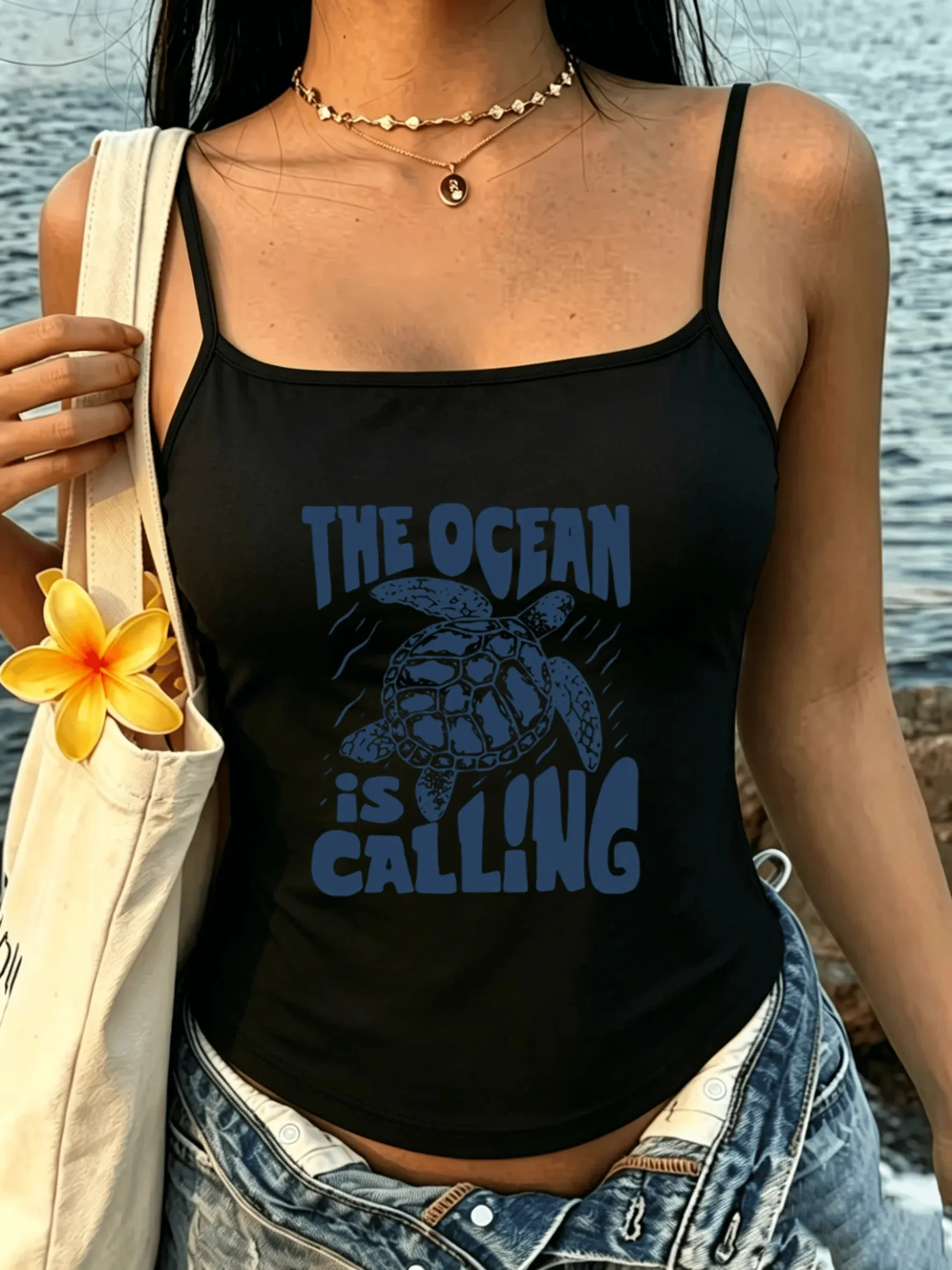 Coastal Beach Women Tank Top Vintage Ocean Turtle Letter Graphic Spaghetti Strap Camisole Summer Sleeveless Vacation Vest Shirt