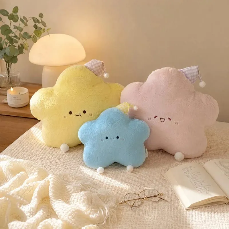 40-60cm Cute Star Plush Pillow with Sleep Hat Kawaii Star Stuffed Cushion Soft Fluffy Sofa Throw Pillow Girl Bedroom Home Decor