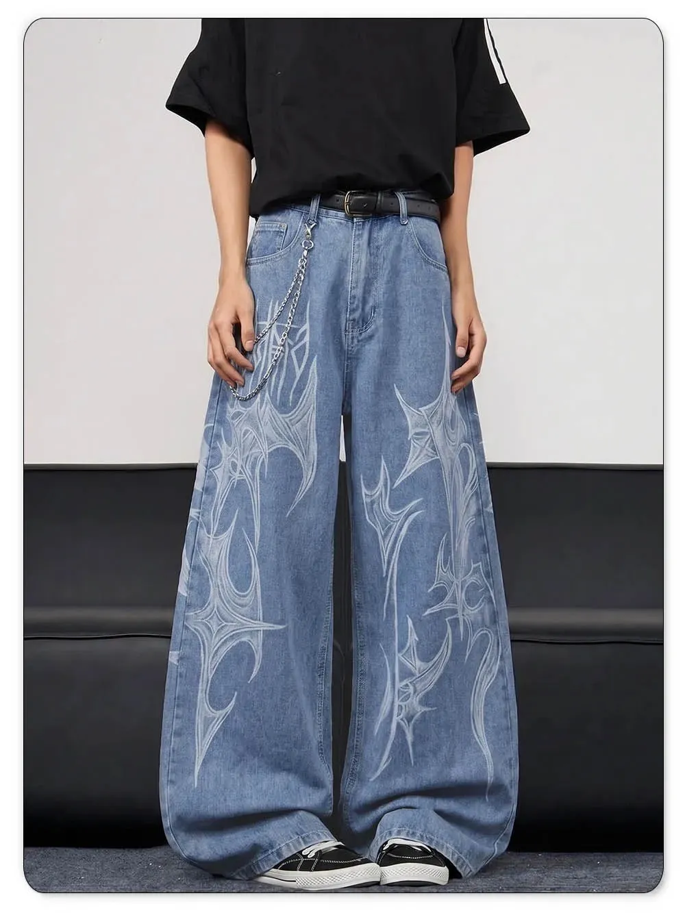 Men's Casual Spiral Graffiti Print Hip Hop Oversized Baggy Wide Leg Jeans Trendy Casual Slop Lazy Street Daily Denim Pants