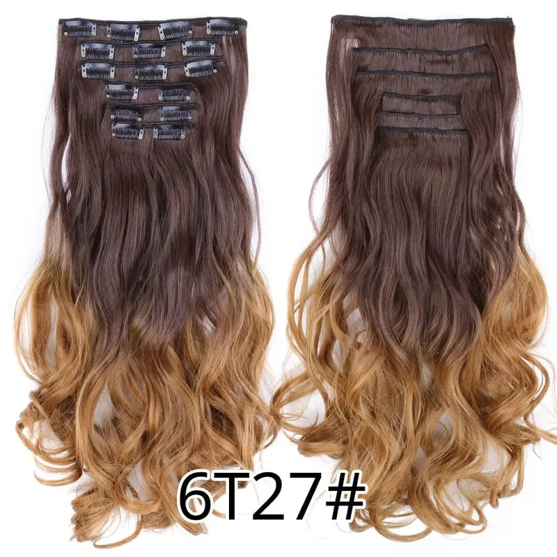 Leeons 16 clipes longos e retos sintéticos clipe em extensões de cabelo cheveux clipe naturel fibra de alta temperatura preto marrom peruca
