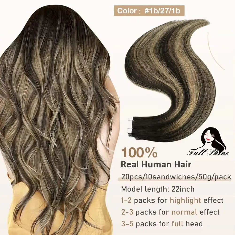Full Shine Tape in Hair Extensions 20Pcs Skin Weft Remy Straight Hair Glue on Brazilian Hair for Women