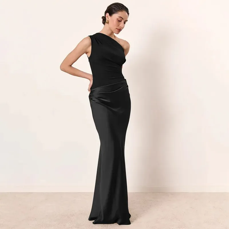 Patchwork Satin Sexy Kleid Frauen Eine Schulter Braun Ärmelloses Abend Maxi Kleid 2025 Neue Sommer Elegante Party Clubwear Kleider