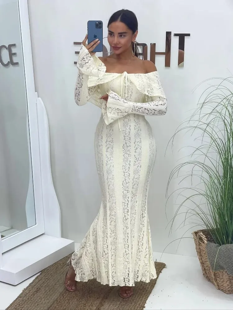 White Lace Patchwork Long Dress Women's Pleated Ruffle Sleeve Off shoulder bodycon See Through Vestidos 2025 Lady Party Gowns