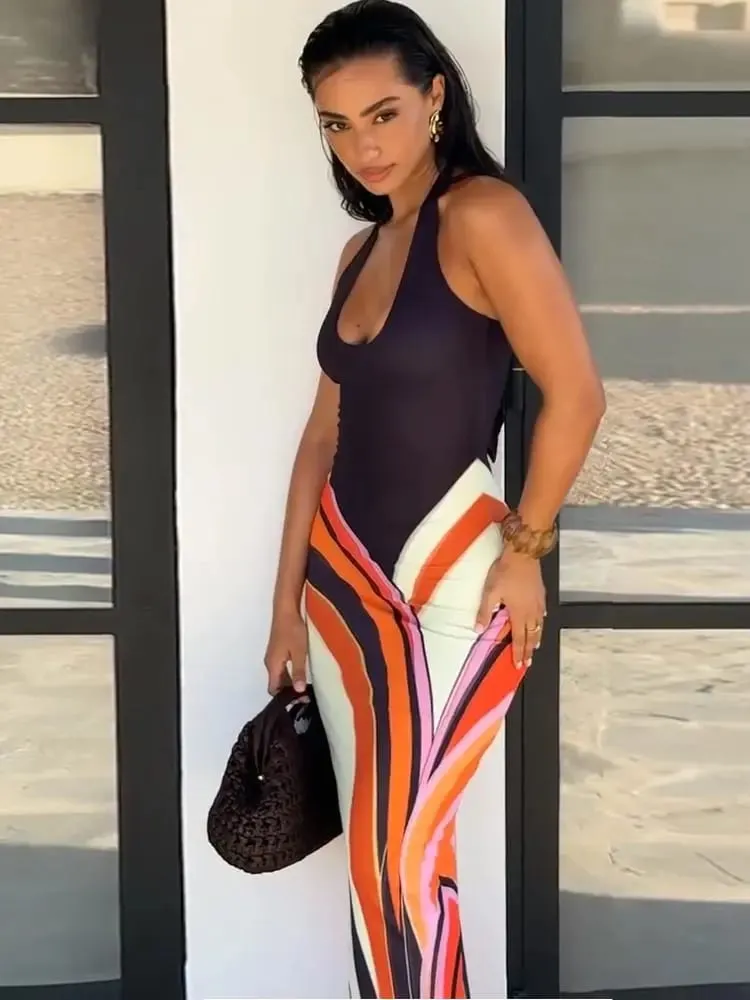 Sexy Print Women's Long Dress Party Deep V-neck Sleeveless Backless Hip Package Female Dresses 2026 Summer Holidays Lady Robe