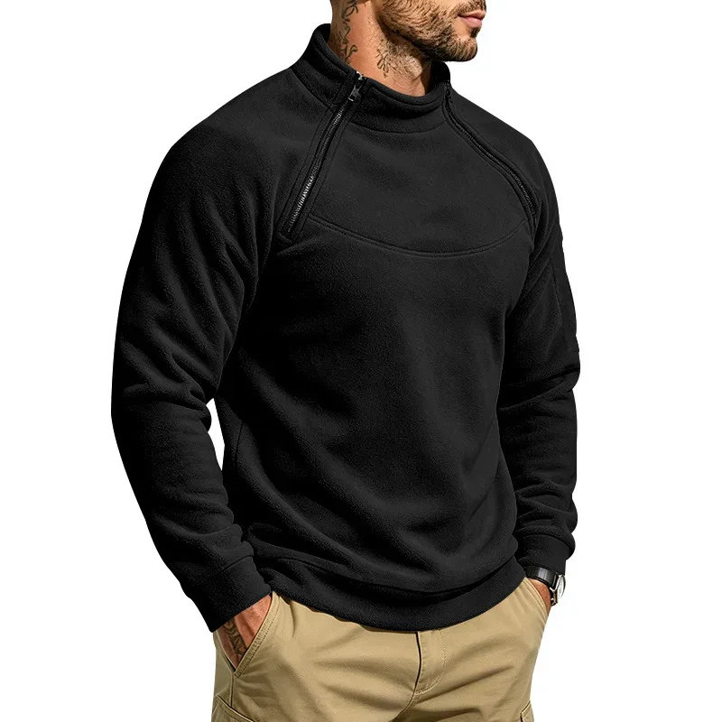 Men Fleece Stand Collar Sweatshirt Diagonal Zipper Arm Pocket Long Sleeve Loose Casual Pullover Autumn Winter Outdoor Tops
