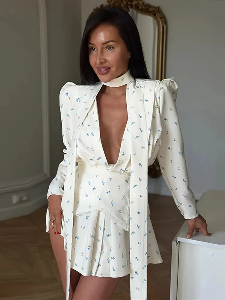 Elegant Printed Women's Dress Long Sleeve V-Neck Lady Mini Dresses With Waist-Tape 2026 Summer Chic Female Vacation Holiday Robe