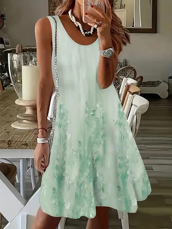2026 Summer Women's Sleeveless Dresses Knee-Length Round-Neck Dresses Beach and Vacation Casual Dresses Printed Women's Dresses