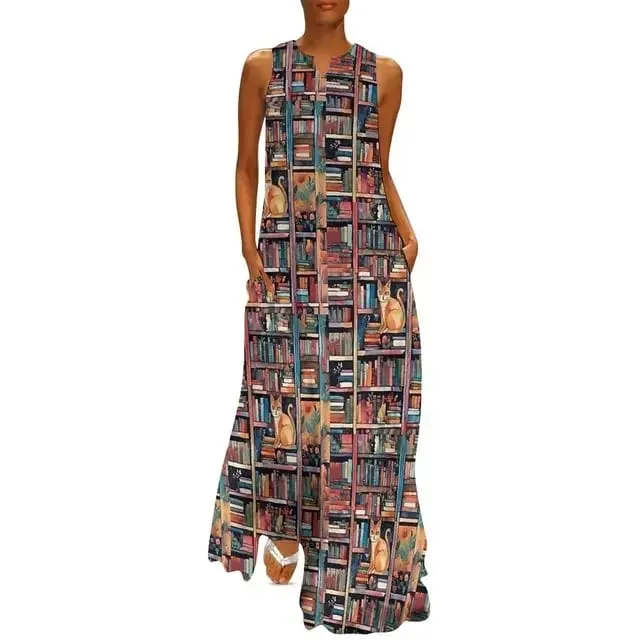 Halloween könyvtár macska ruha nyári utcai divat alkalmi ujjatlan v-nyakú hosszú ruhák női grafikus modern maxi ruha 3XL köntös