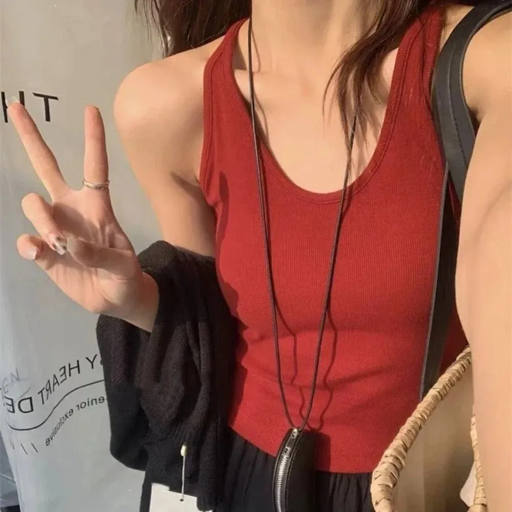 Korean Style with Chest Pad Strap Vest U-Neck Solid Color Backless Sleeveless Top Slimming Women Camis Summer