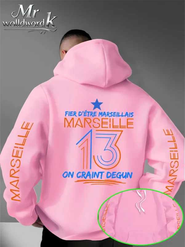Men Marseille 13 City Graphic Hoodie Multi‑Print Sleeve Back Letter Hooded Sweatshirt Autumn Winter Fleece Loose Hoodie
