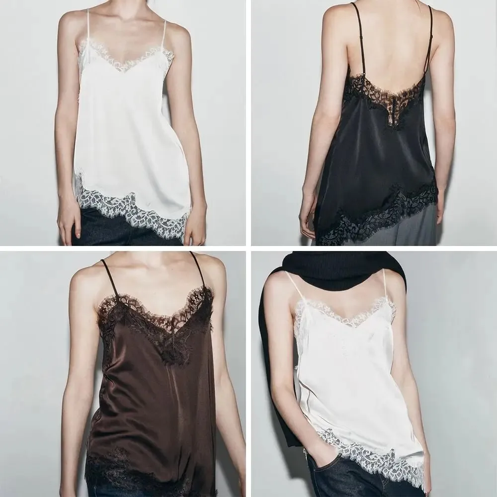 Chic Asymmetrical Lace Lace Patchwork Top Sexy Lace Backless Camisole Tops Sleeveless Elegant Backless Tops Evening Dress