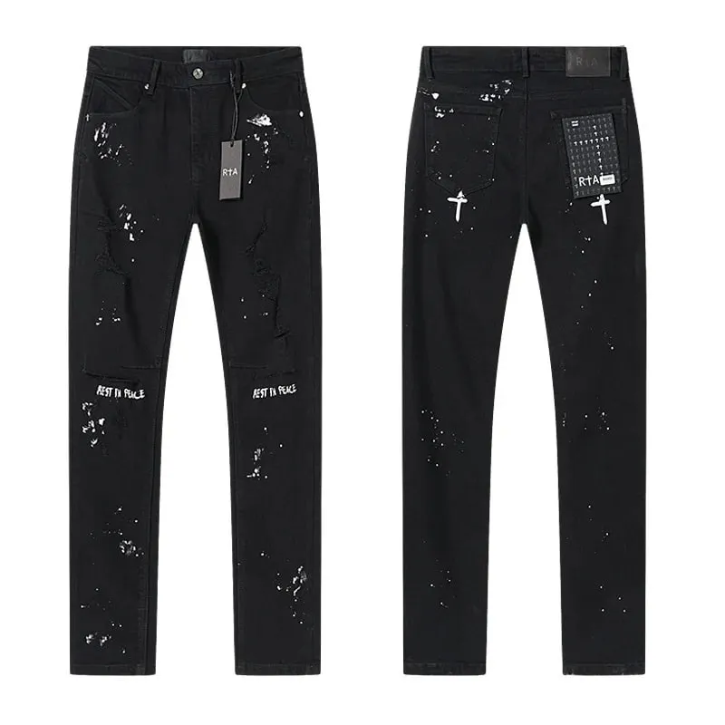New RTA Destroyed Scratch Hole Light Blue Distressed Jeans Men's High Street Elastic Slim Fit Jeans 2026 Brand Pants Streetwear