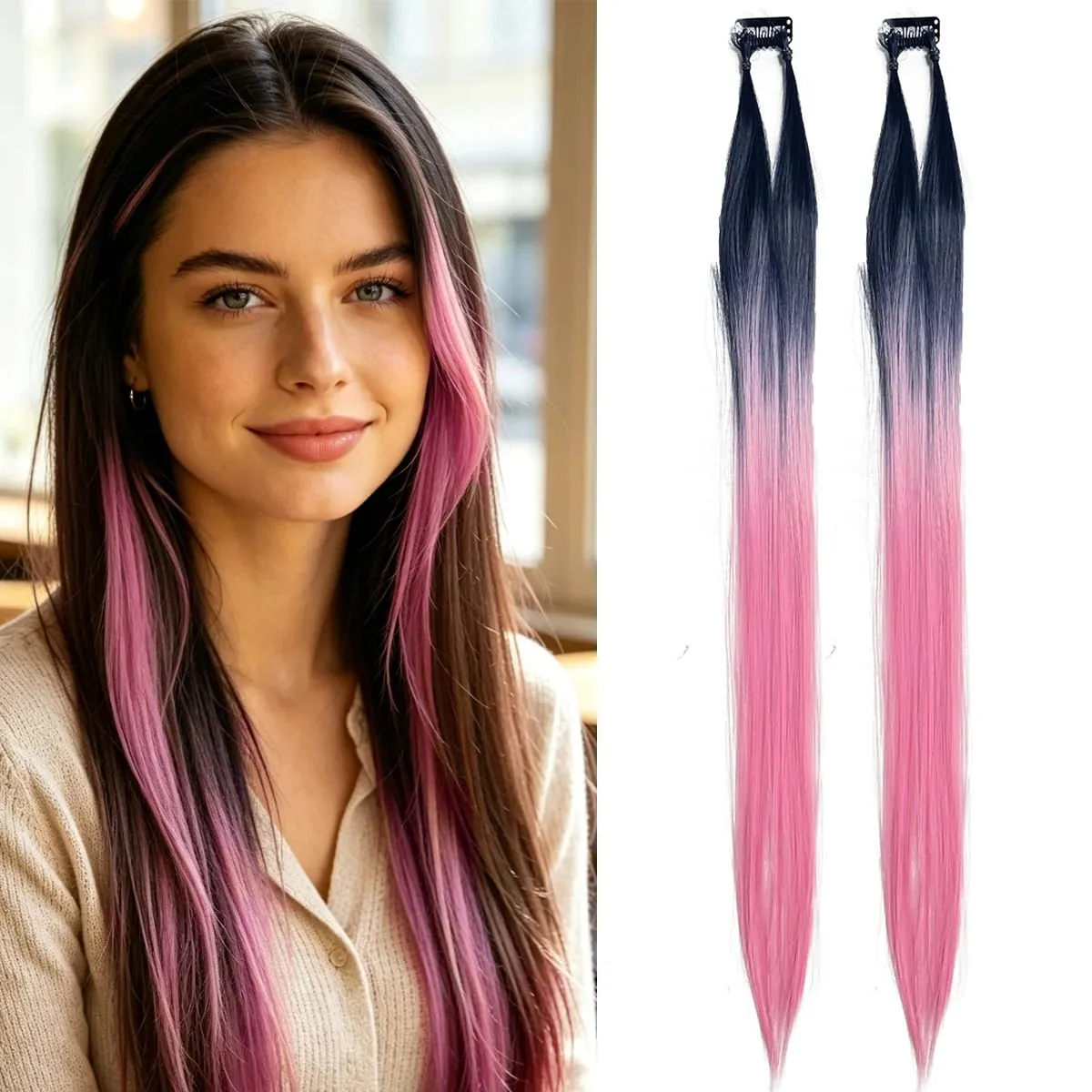 Clip‑in Hair Extensions Long Straight Ombre Synthetic Hair Pieces 2Pcs/Set Fashion Highlight Hair For Women Hair Accessories