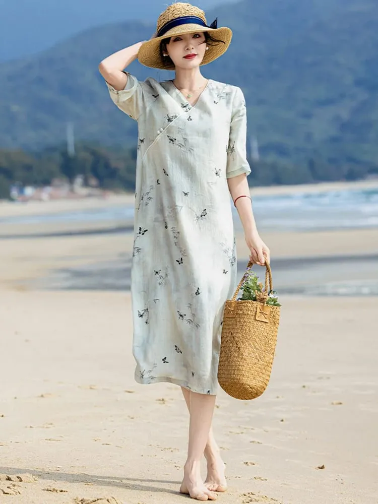 100% Ramie Women Casual Long Dress New Arrival 2026 Summer Chinese Style V-neck Print Loose Ladies Elegant Holiday Dresses M2800