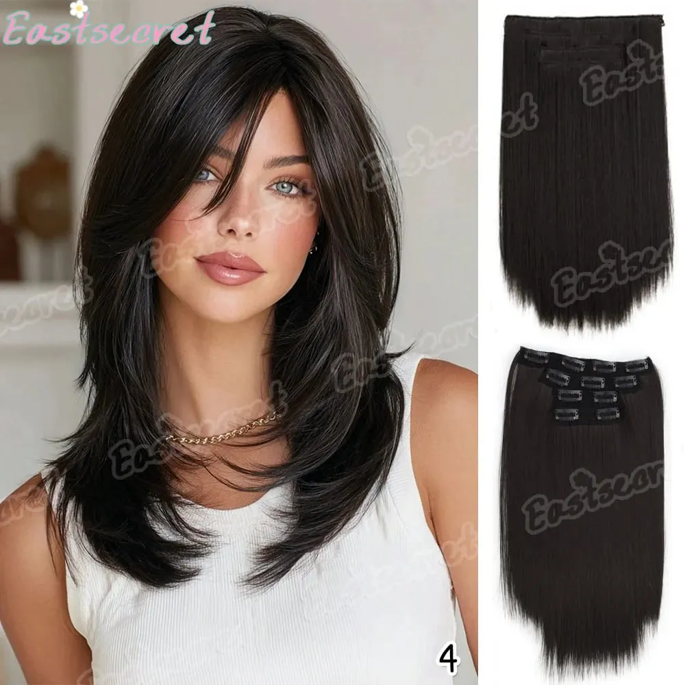 4pcs 14Inch Synthetic Clip-in Hair Extension Short Straight Soft Invisible Brown Blonde Hairpiece for Women