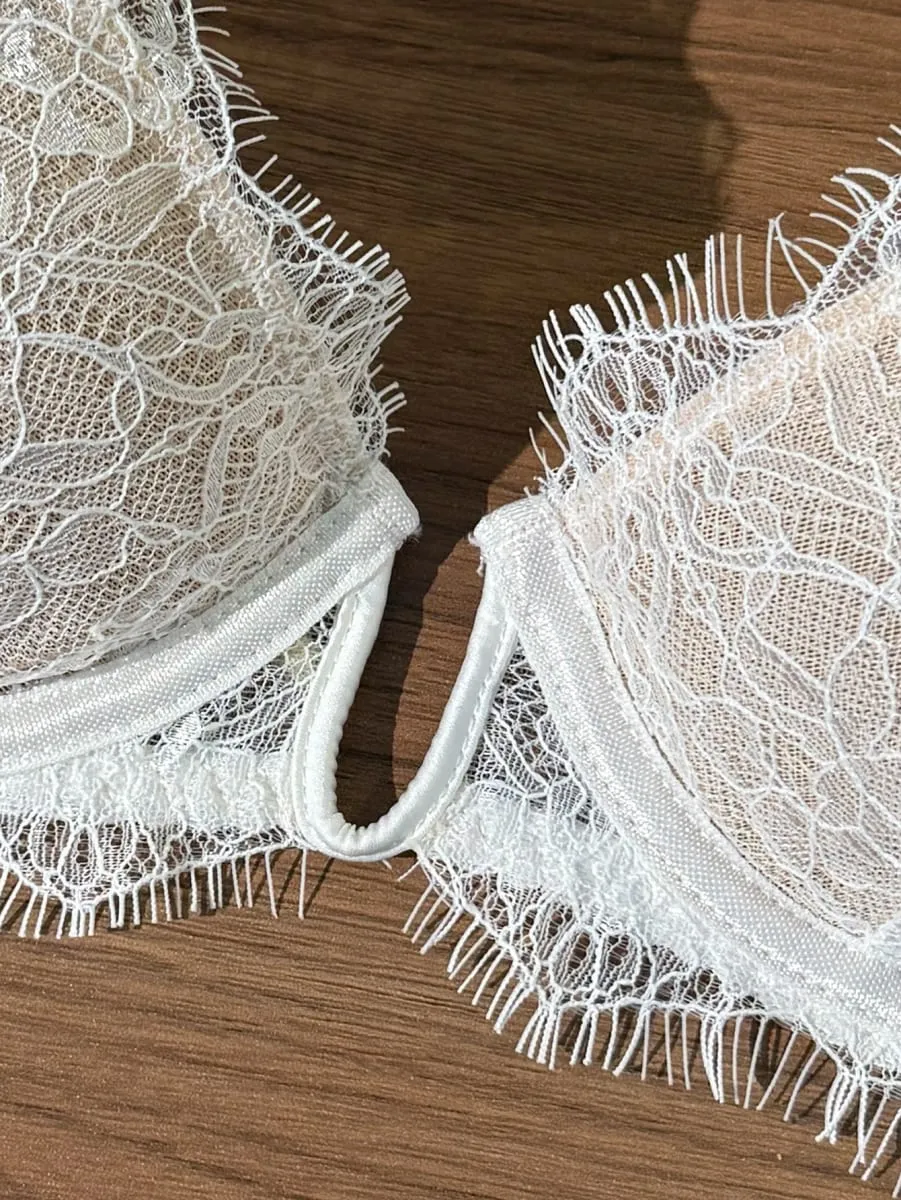 French Lace Eyelash White Bralette And Panties Set Women's Summer Thin Sexy Pure Desire Underwear Two-Piece Set