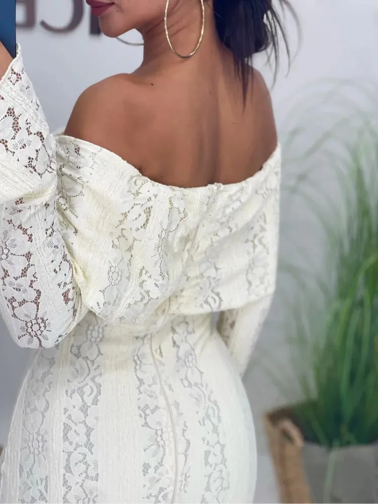 White Lace Patchwork Long Dress Women's Pleated Ruffle Sleeve Off shoulder bodycon See Through Vestidos 2025 Lady Party Gowns