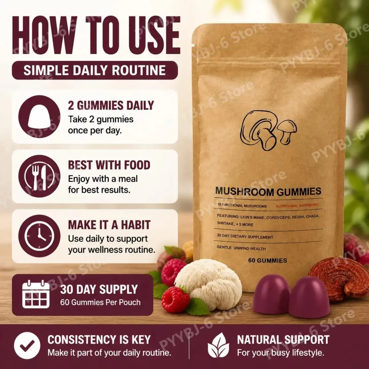 Mushroom Gut Health Gummies with Vitamin C B6 D3 and 8 Mushroom Extracts for Mental Clarity & Immune Support 60 Gummies
