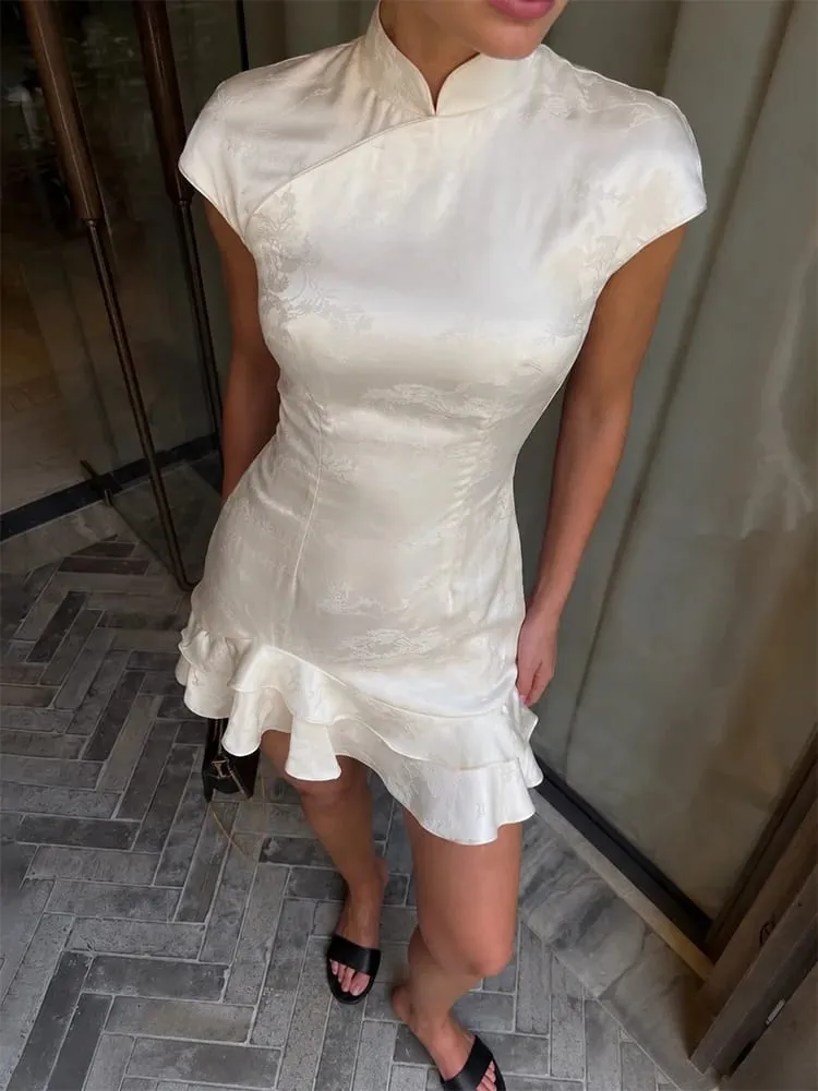 Trendix 女優雅緞面晚禮服時尚立領高腰修身迷你連身裙派對性感短袖荷葉邊連身裙