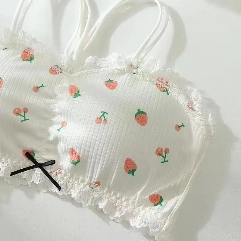 Quần lót mới sinh viên đồ lót nữ dễ thương in hình trái cây lưng có miếng đệm Bộ áo ngực không có vòng thép áo ngực quần