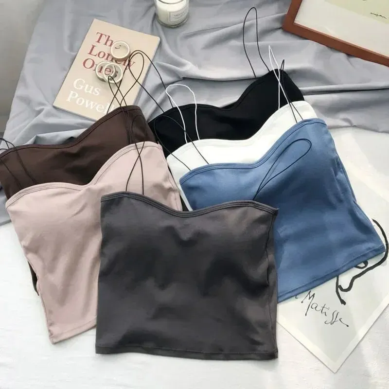 Atasan Vest Musim Panas Wanita Tanpa Lengan Kapas Atas Tiub Berbalut Tapak Rompi Atasan dengan Pad Payudara Atasan Anjal Lembut Yang Boleh Ditanggalkan Lancar