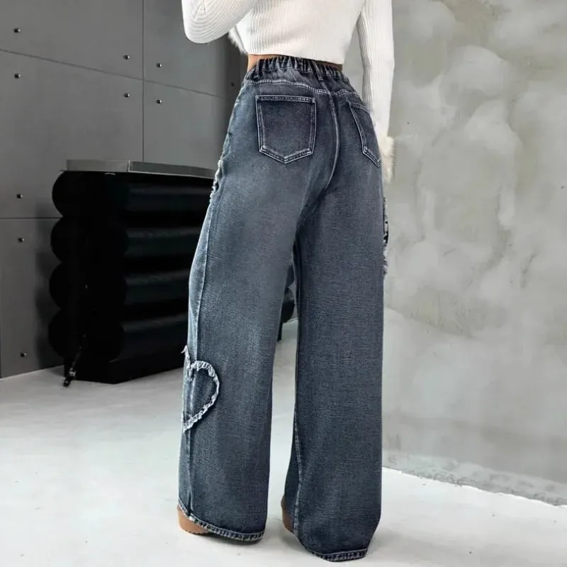 Amerikanische Retro Jeans mit ausgefransten Kanten und Patchwork, stark gewaschen, Unisex, Streetwear, locker, gerade, weit geschnittene Hose 21095