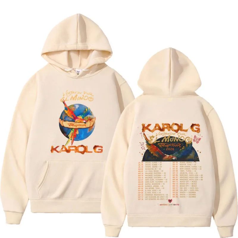 Karol G Viajando Por El Mundo Tropitour 2026 Graphics Hoodie Men Women Loose Casual Pullover Long Sleeves Fashion Sweatshirts
