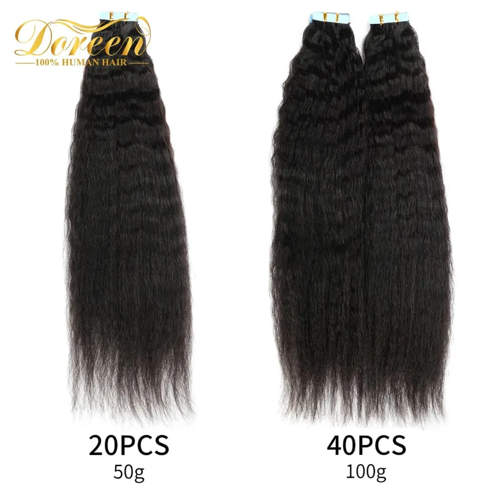 18-22 Tape In Hair Extensions Human Hair Kinky Straight 50G 20PCS Kinky Brazilian Remy Hair Adhesive Hair Extension Yaki Tape in