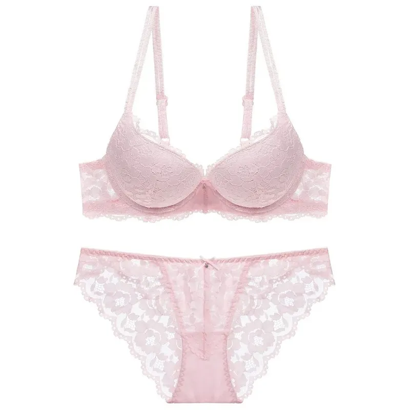Sweet Mesh Lace Flower Bra Bowknot Non Slip Push Up Bra Women Lingerie Low Waist Seamless Underwear Set Summer