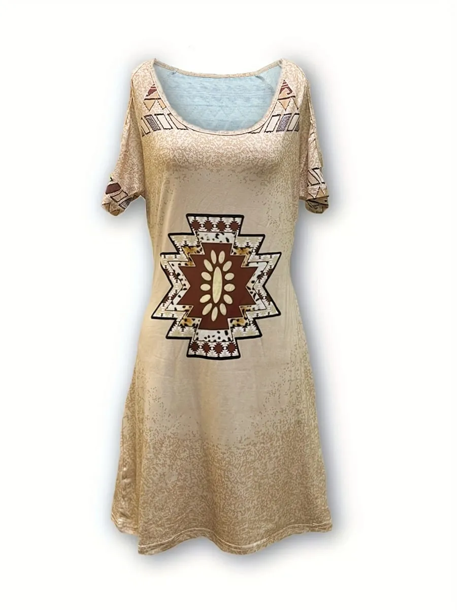 Women's Geometric Print Off-the-shoulder Short Sleeve Dress Western Retro Style Dress Women's Clothing