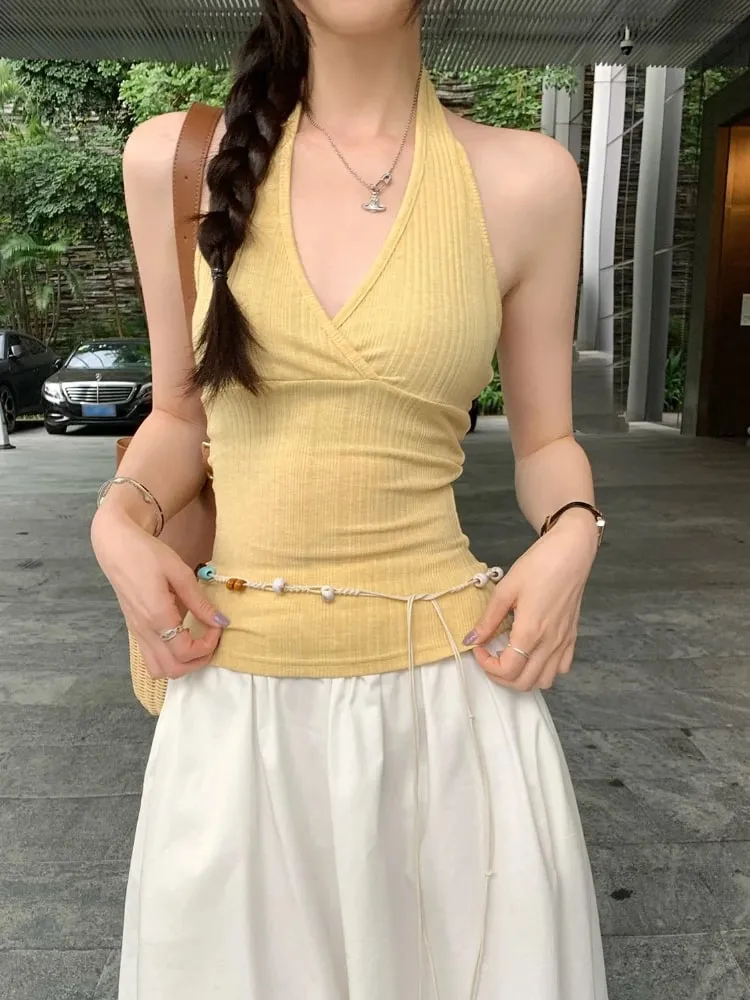 2026 Summer New Outer Wear Tank Top Spice Girl Style Halter Cross V Neck Women Camisole Korean Style Solid Color Crop Top