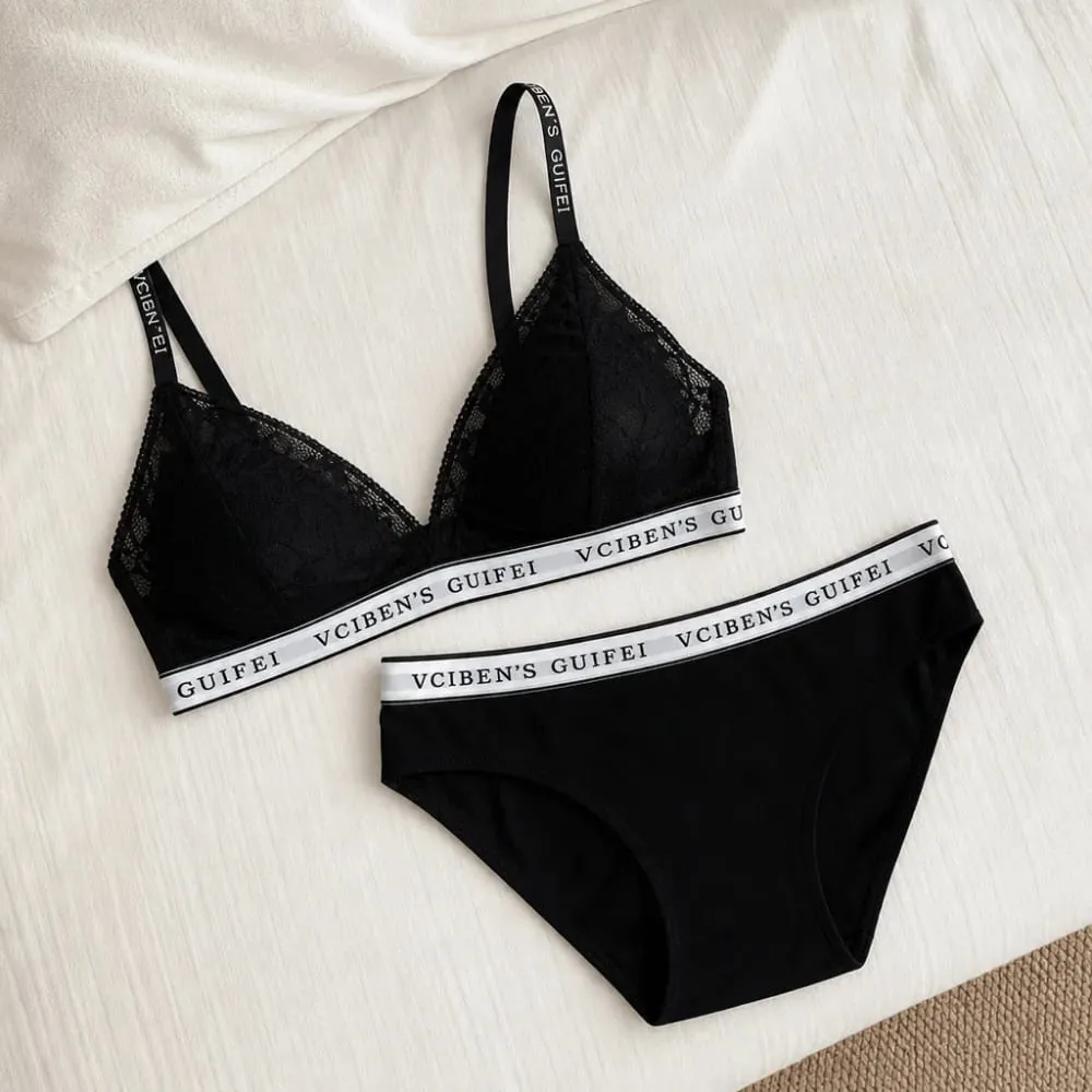 Bra Suit Letter Design Lingerie Set Lace Wireless Women Underwear Suit Deep V Color Blocking Bra Panties Set Women