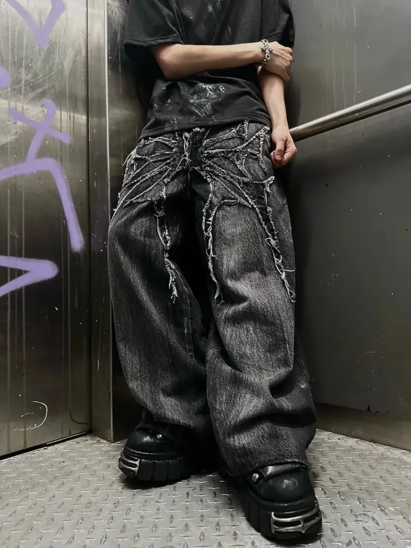 Men Y2K Gothic Spider Baggy Jeans Distressed Washed Raw Edge Wide Leg Denim Pants Hip Hop Streetwear Ghost Loose Trousers