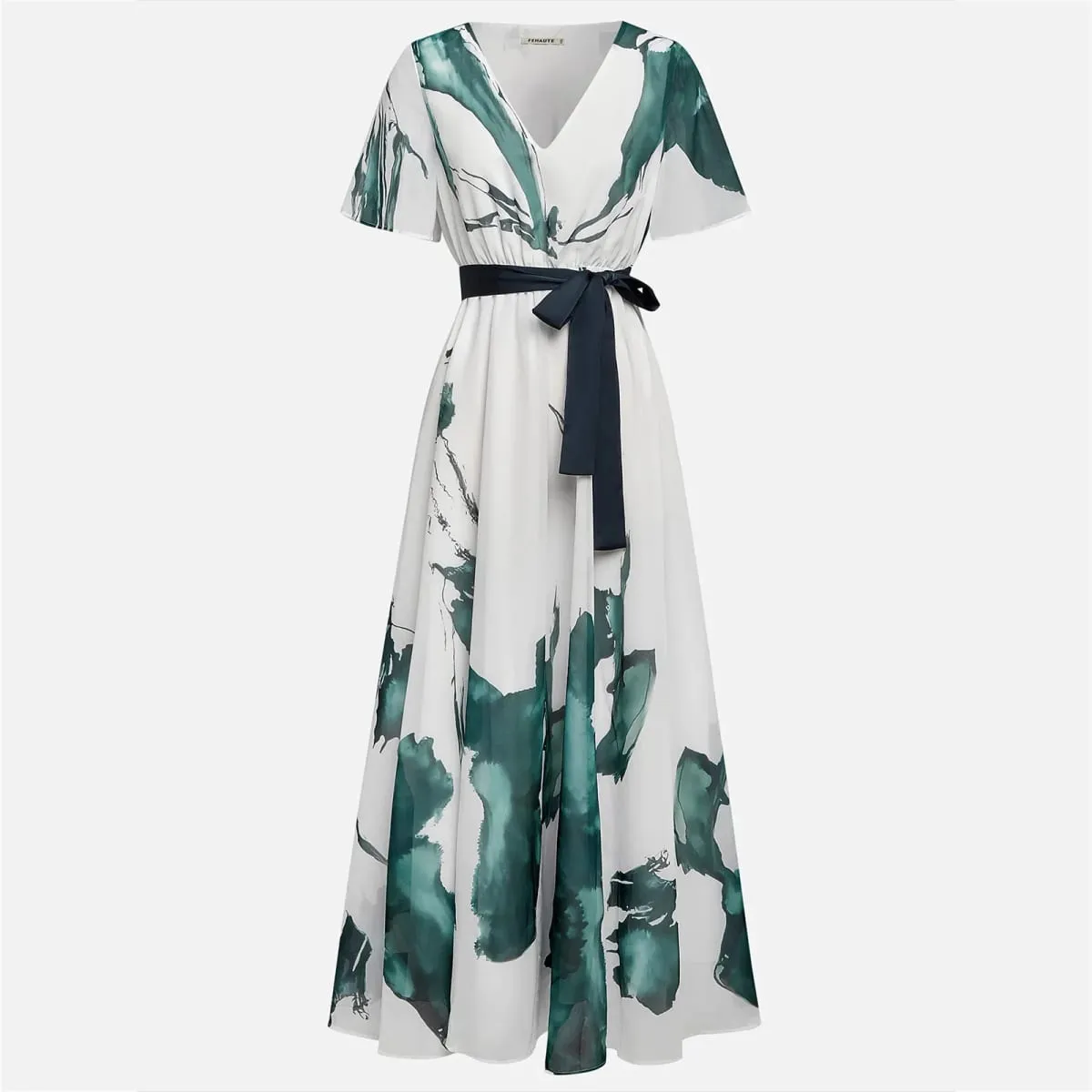 Watercolor Printed Elegant Fashion Short-sleeved Maxi Dress for Women 2026 Summer V-neck Lace-up Pleated Party Dresses Female